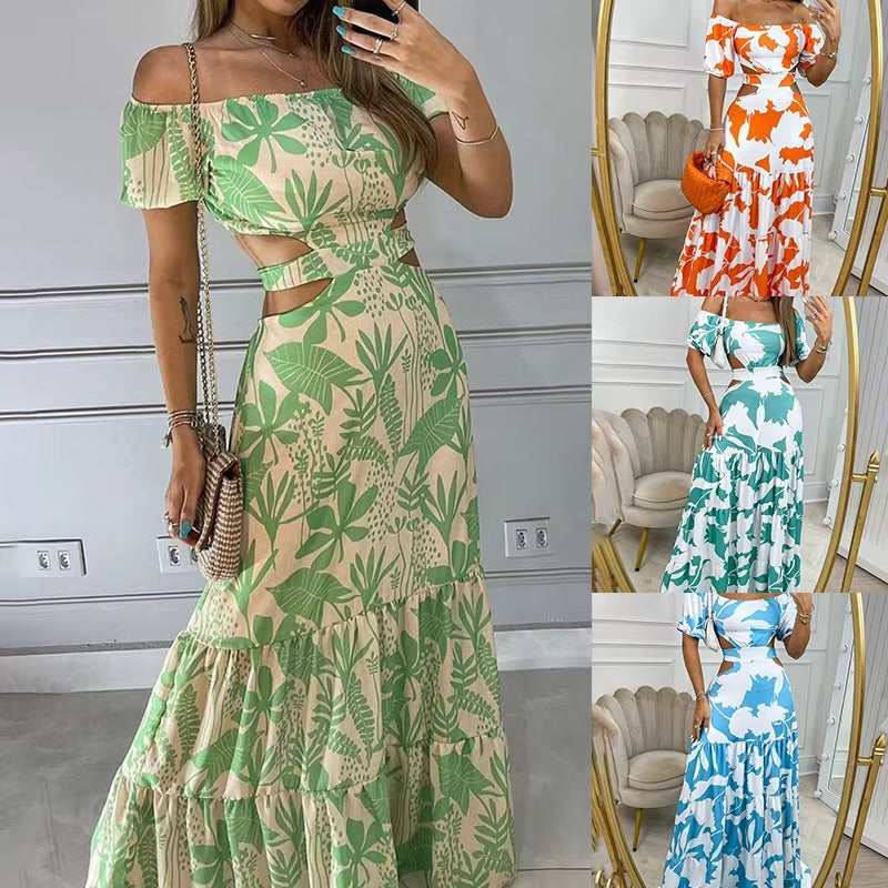 2025 Summer Women High Waist Slim Floral Short Sleeve Long Dress