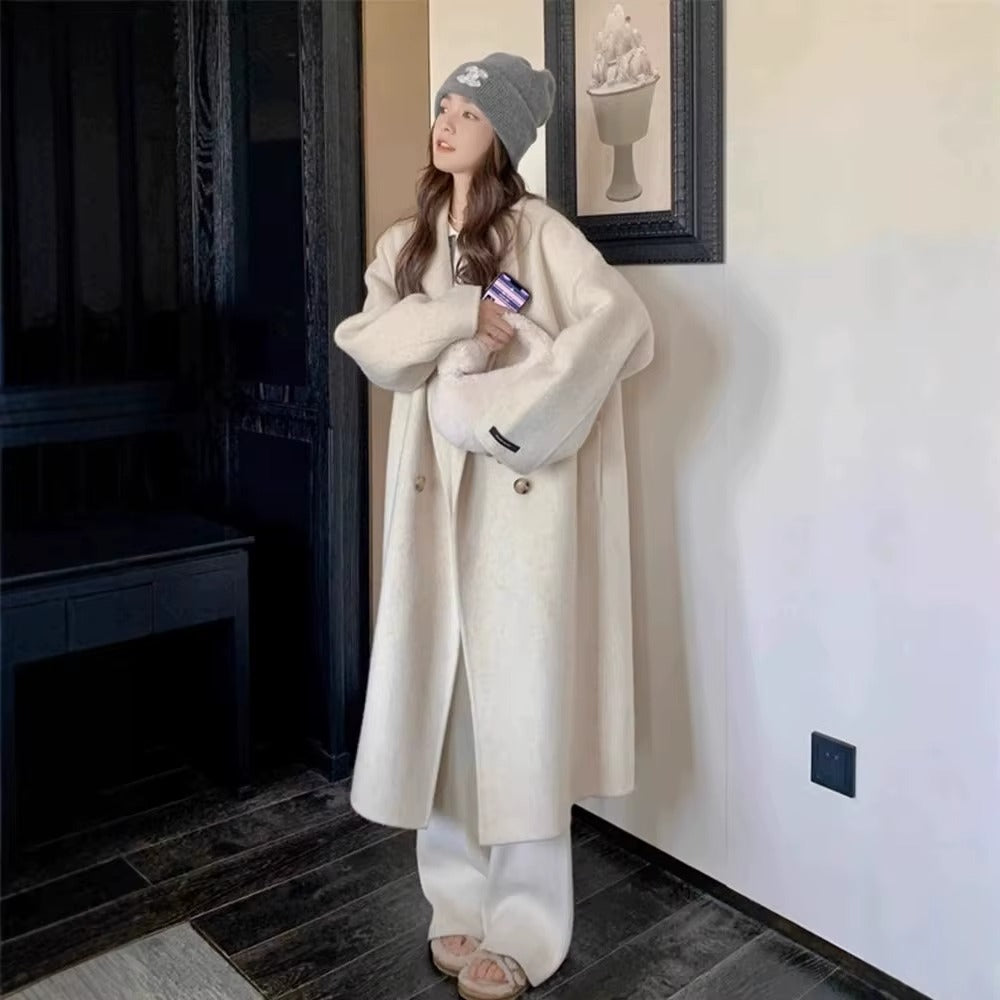 Ladies' Autumn Winter Beige Double-sided Woolen Coat Knee Length Cocoon Soft Wool Coat