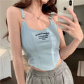 Women's Casual Summer Crop Top Sleeveless Tank Vest with Letter Print & Built-in Bra Pad, Solid Color