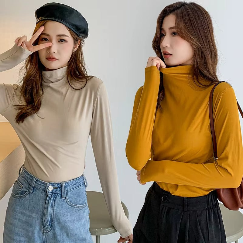 Autumn Winter Modal Women's Long Sleeve Stand Collar Slim Fit Tops