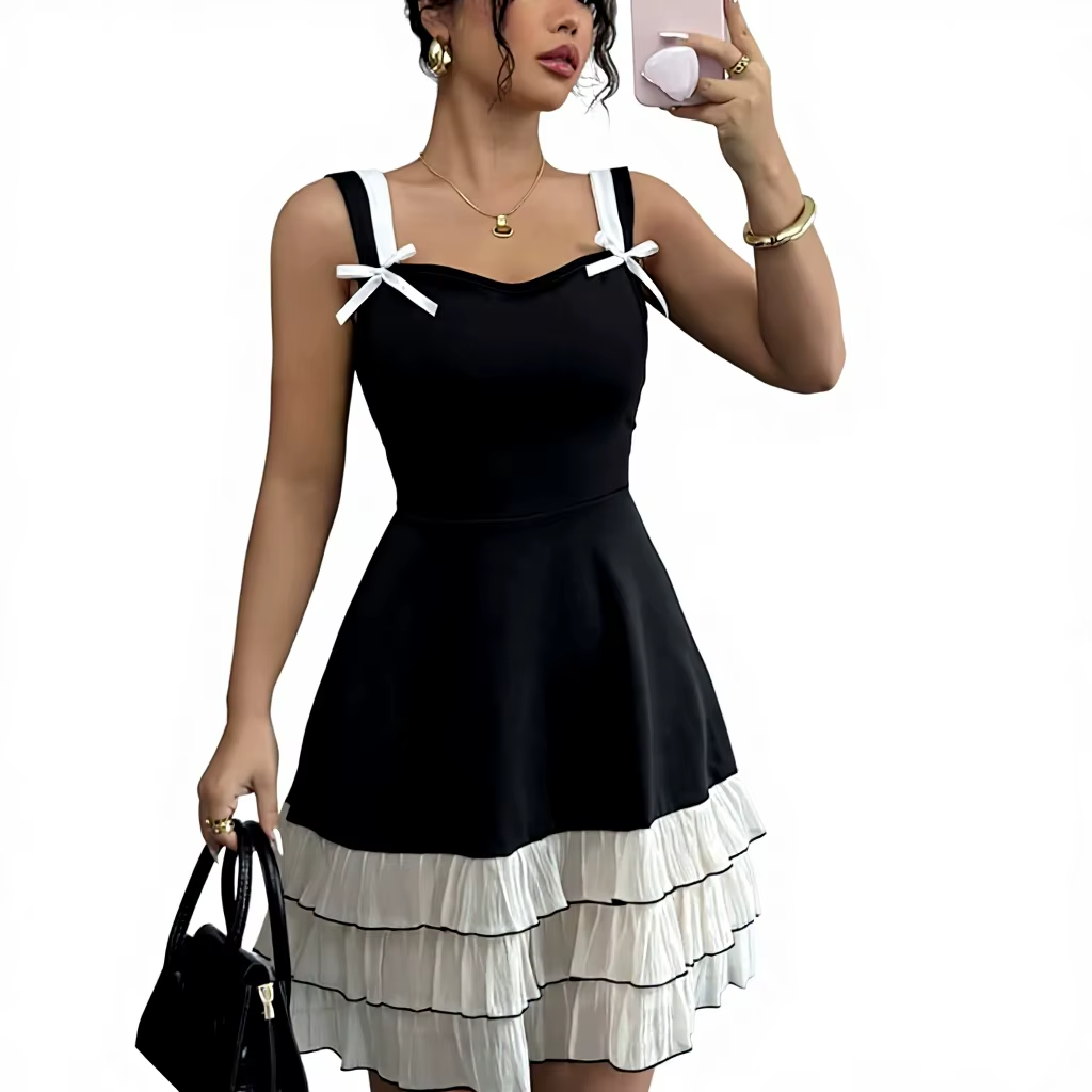 Women's Summer Color Block Multi-layer Cake Skirt U-neck Sleeveless Cami Dress