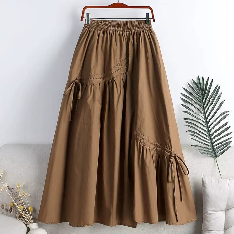Ladies' Summer High Waist Slim A-line Skirt, Irregular Strap, Midi Length
