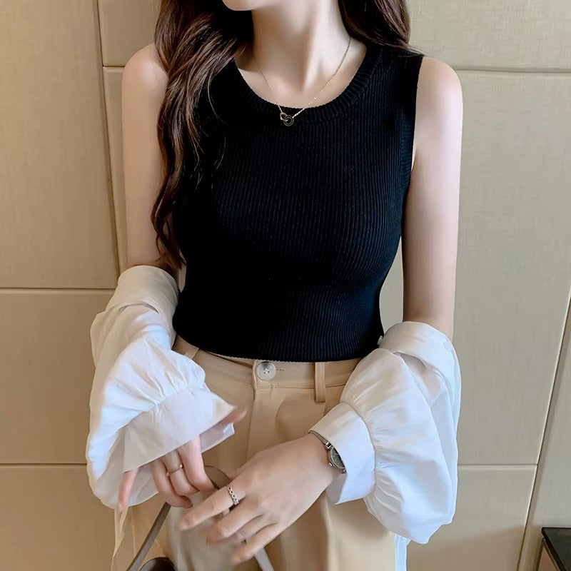 Women's Summer O-Neck Sleeveless Solid Color Ribbed Knit Vest Casual Tank Top