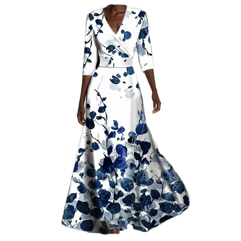 Women's Fashion Elegant V-neck Print Lace up Hem Dress