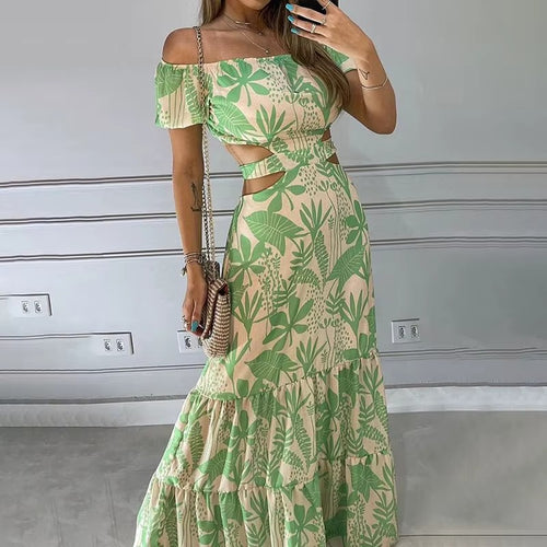 2025 Summer Women High Waist Slim Floral Short Sleeve Long Dress