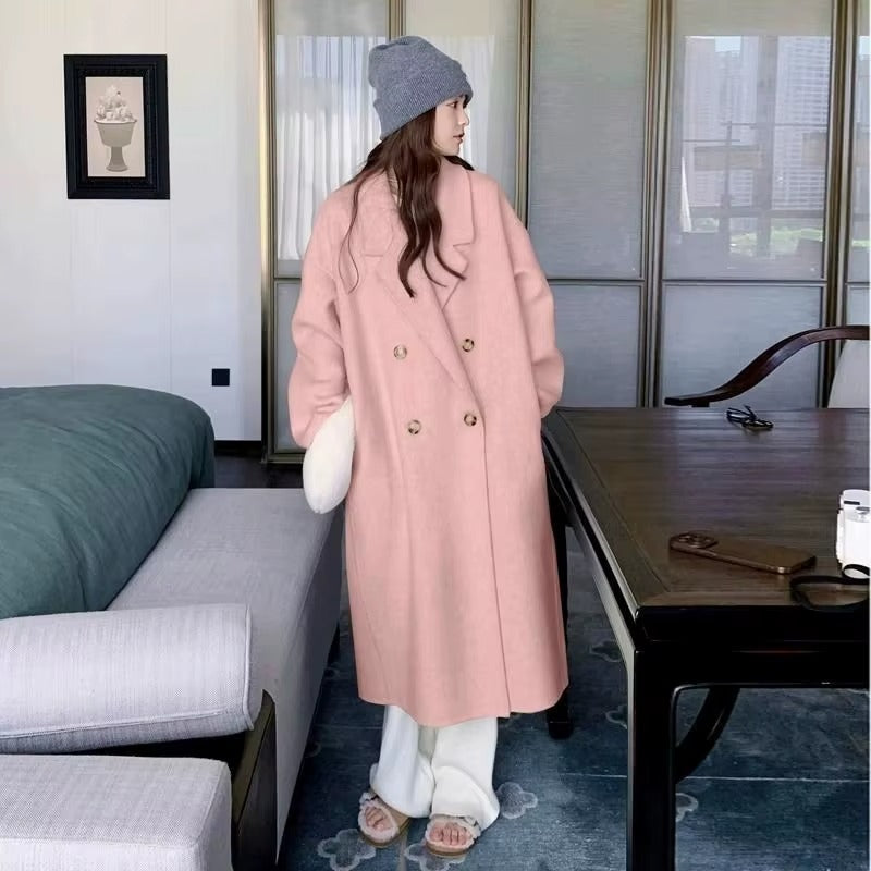 Ladies' Autumn Winter Beige Double-sided Woolen Coat Knee Length Cocoon Soft Wool Coat