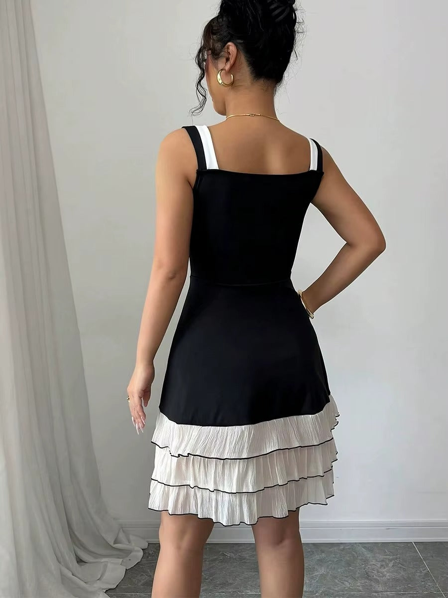 Women's Summer Color Block Multi-layer Cake Skirt U-neck Sleeveless Cami Dress