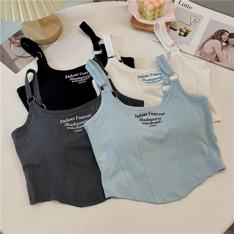 Women's Casual Summer Crop Top Sleeveless Tank Vest with Letter Print & Built-in Bra Pad, Solid Color