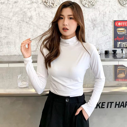Autumn Winter Modal Women's Long Sleeve Stand Collar Slim Fit Tops