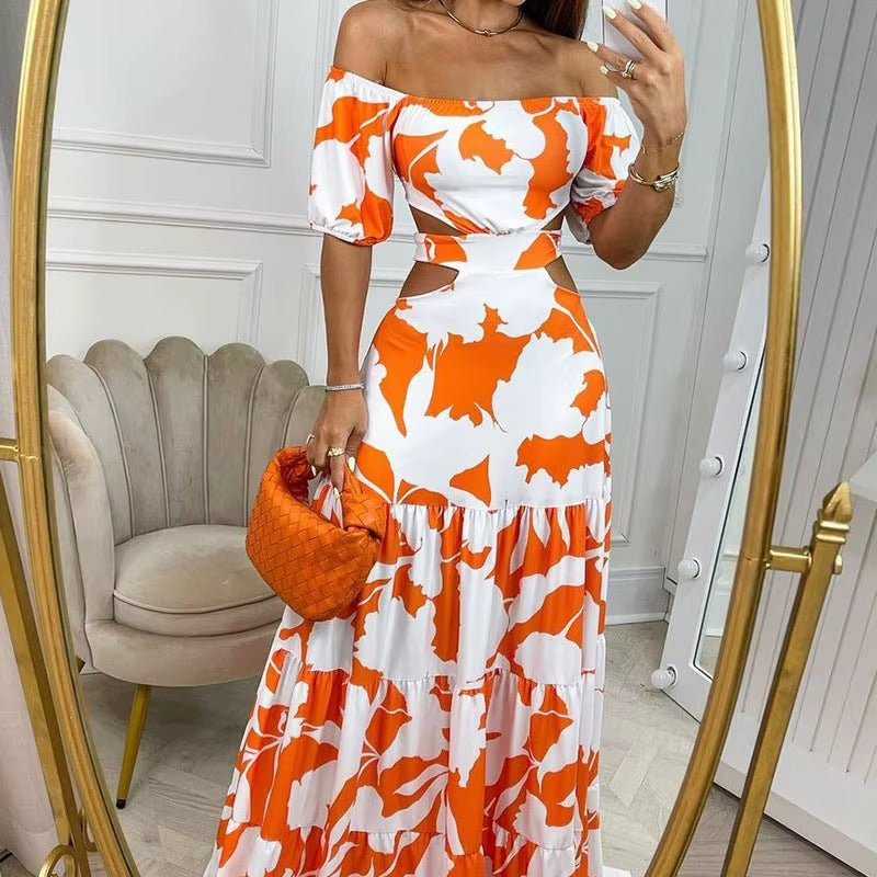 2025 Summer Women High Waist Slim Floral Short Sleeve Long Dress