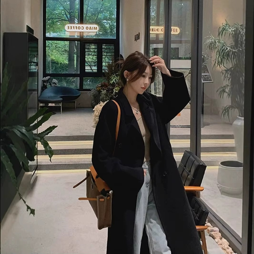 Ladies' Autumn Winter Beige Double-sided Woolen Coat Knee Length Cocoon Soft Wool Coat