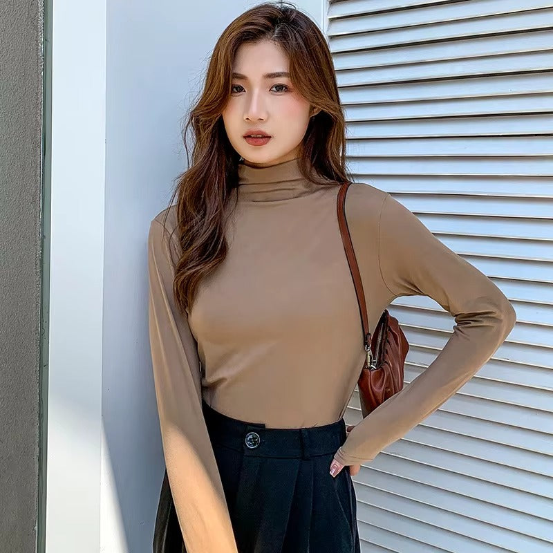 Autumn Winter Modal Women's Long Sleeve Stand Collar Slim Fit Tops