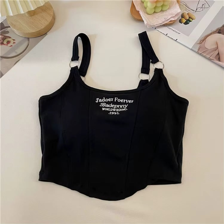 Women's Casual Summer Crop Top Sleeveless Tank Vest with Letter Print & Built-in Bra Pad, Solid Color