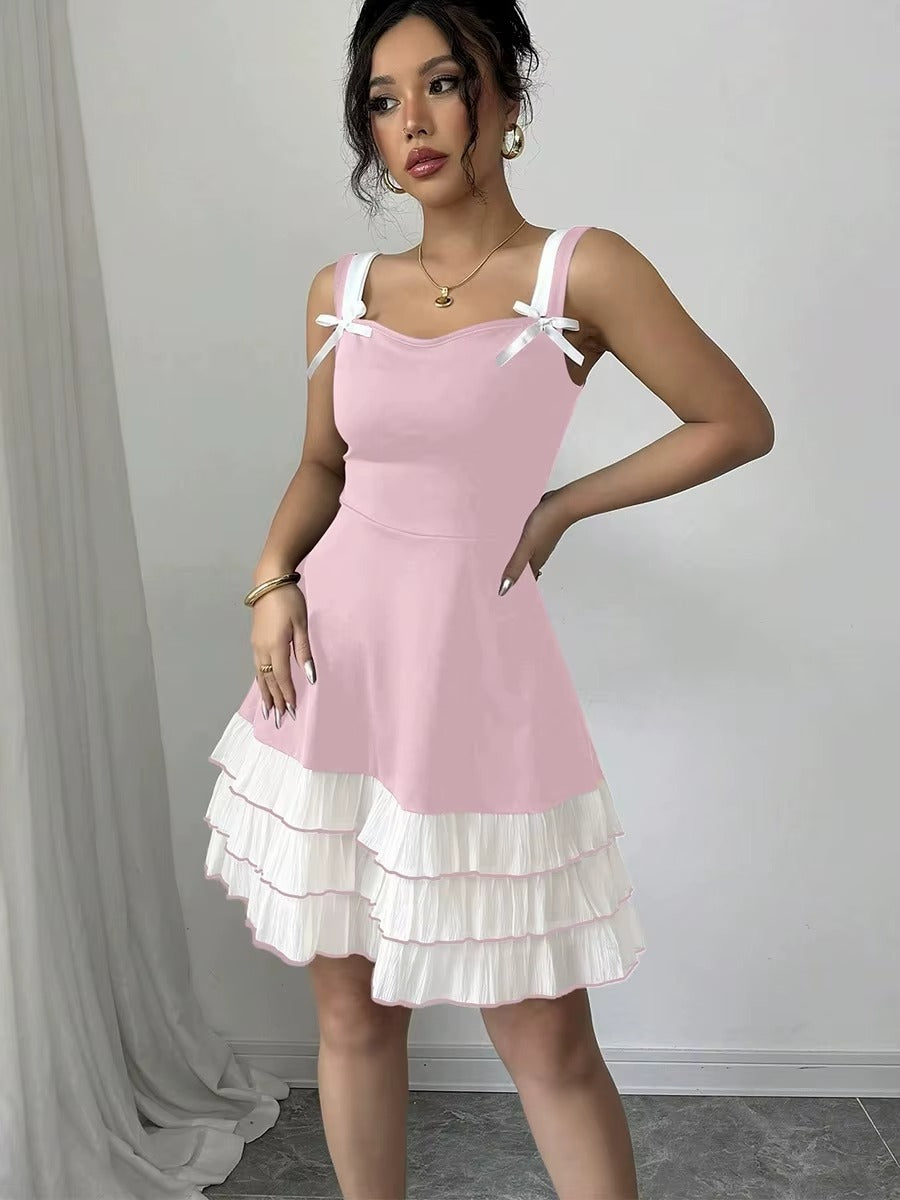 Women's Summer Color Block Multi-layer Cake Skirt U-neck Sleeveless Cami Dress