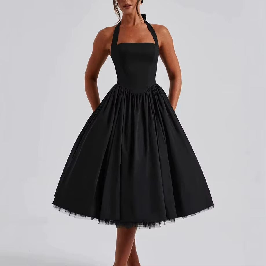 2025 European American New Evening Dress Puff Skirt Solid Color Lace up Women's Dress