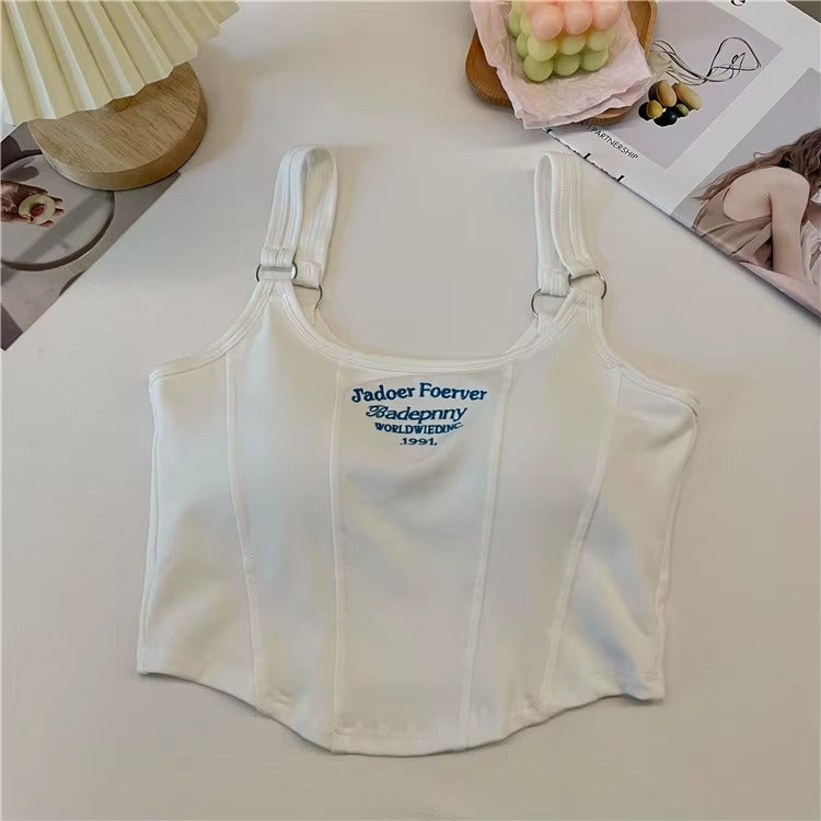 Women's Casual Summer Crop Top Sleeveless Tank Vest with Letter Print & Built-in Bra Pad, Solid Color