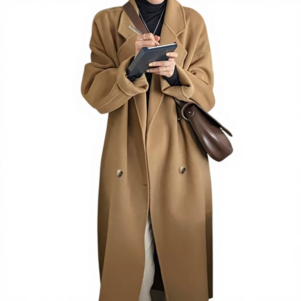 Ladies' Autumn Winter Beige Double-sided Woolen Coat Knee Length Cocoon Soft Wool Coat