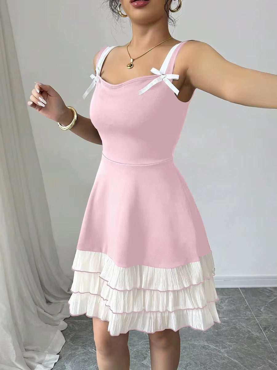 Women's Summer Color Block Multi-layer Cake Skirt U-neck Sleeveless Cami Dress