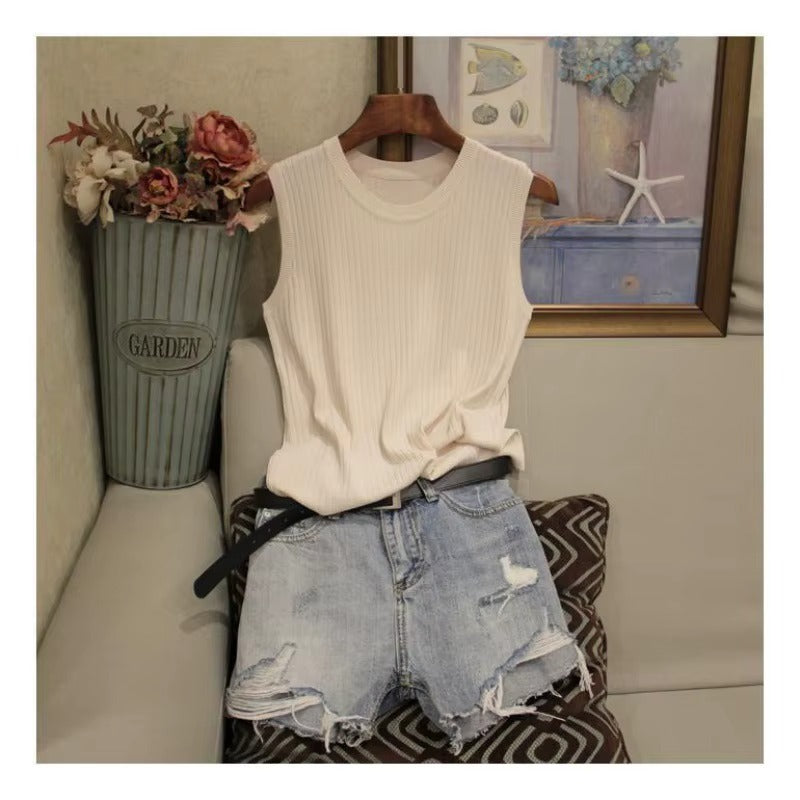 Women Summer Ice Silk Thin Knit Vest, Sleeveless Bottoming & Outerwear Tops