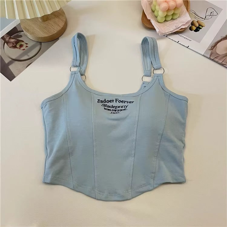 Women's Casual Summer Crop Top Sleeveless Tank Vest with Letter Print & Built-in Bra Pad, Solid Color