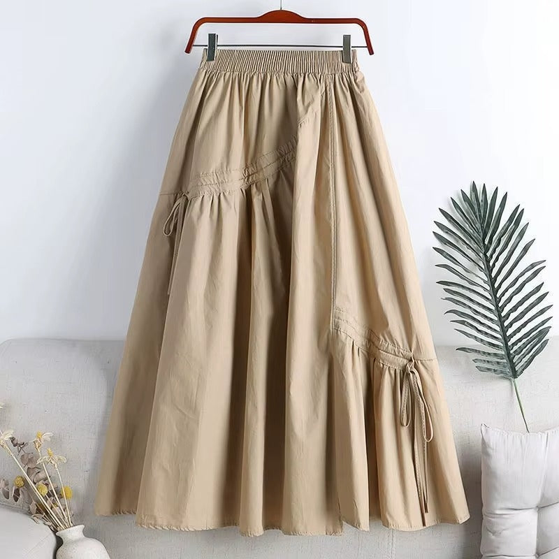 Ladies' Summer High Waist Slim A-line Skirt, Irregular Strap, Midi Length