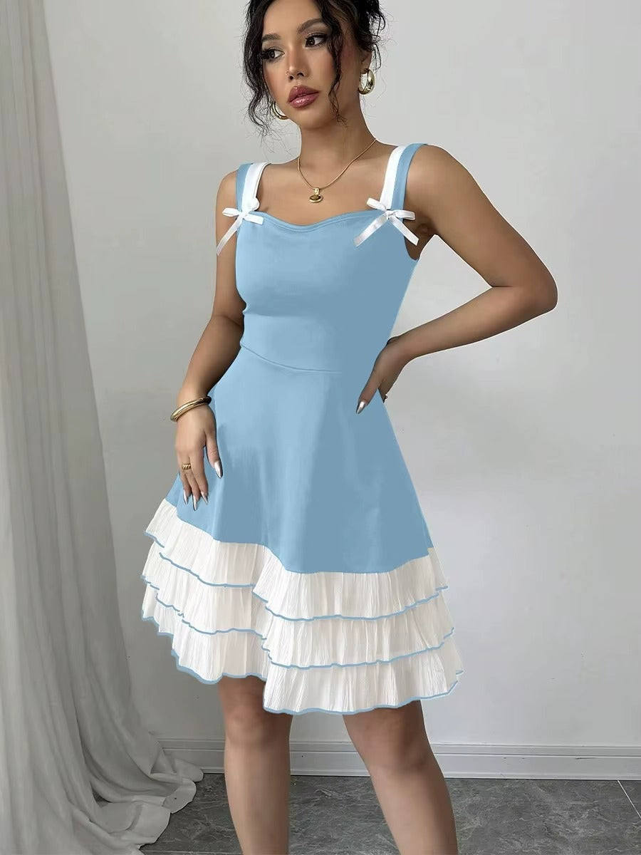 Women's Summer Color Block Multi-layer Cake Skirt U-neck Sleeveless Cami Dress