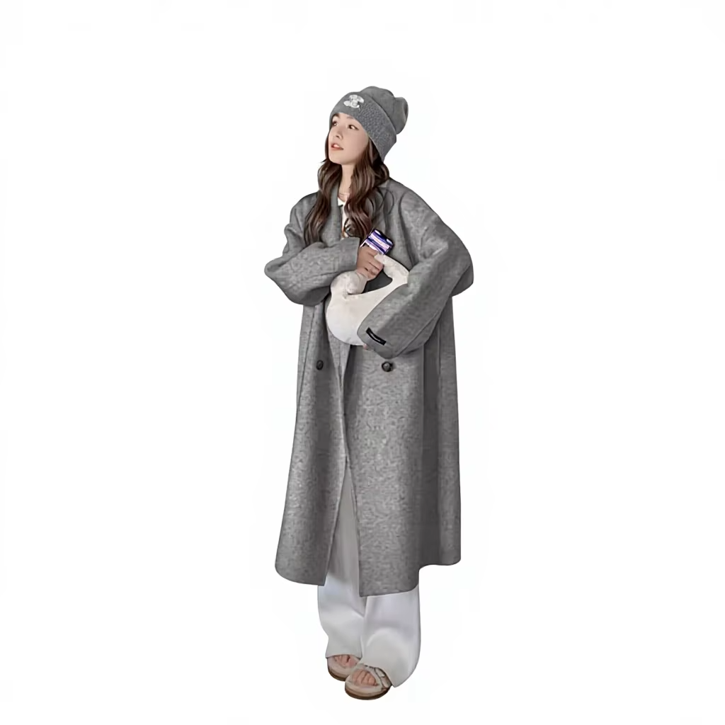 Ladies' Autumn Winter Beige Double-sided Woolen Coat Knee Length Cocoon Soft Wool Coat