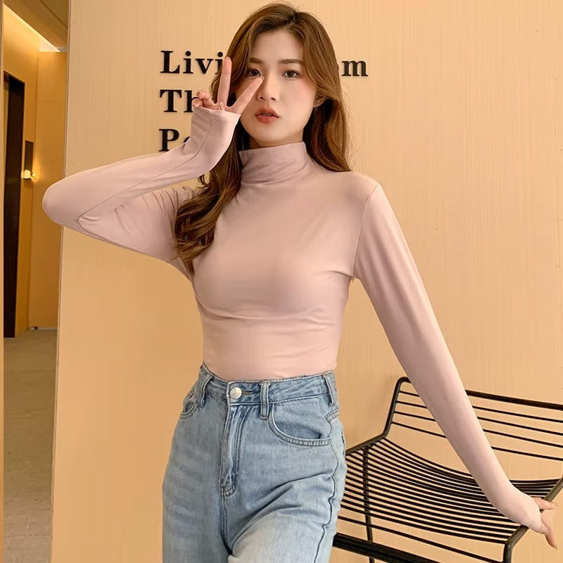 Autumn Winter Modal Women's Long Sleeve Stand Collar Slim Fit Tops