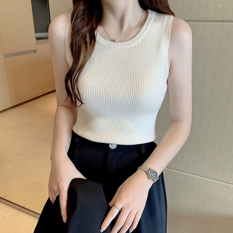 Women's Summer O-Neck Sleeveless Solid Color Ribbed Knit Vest Casual Tank Top