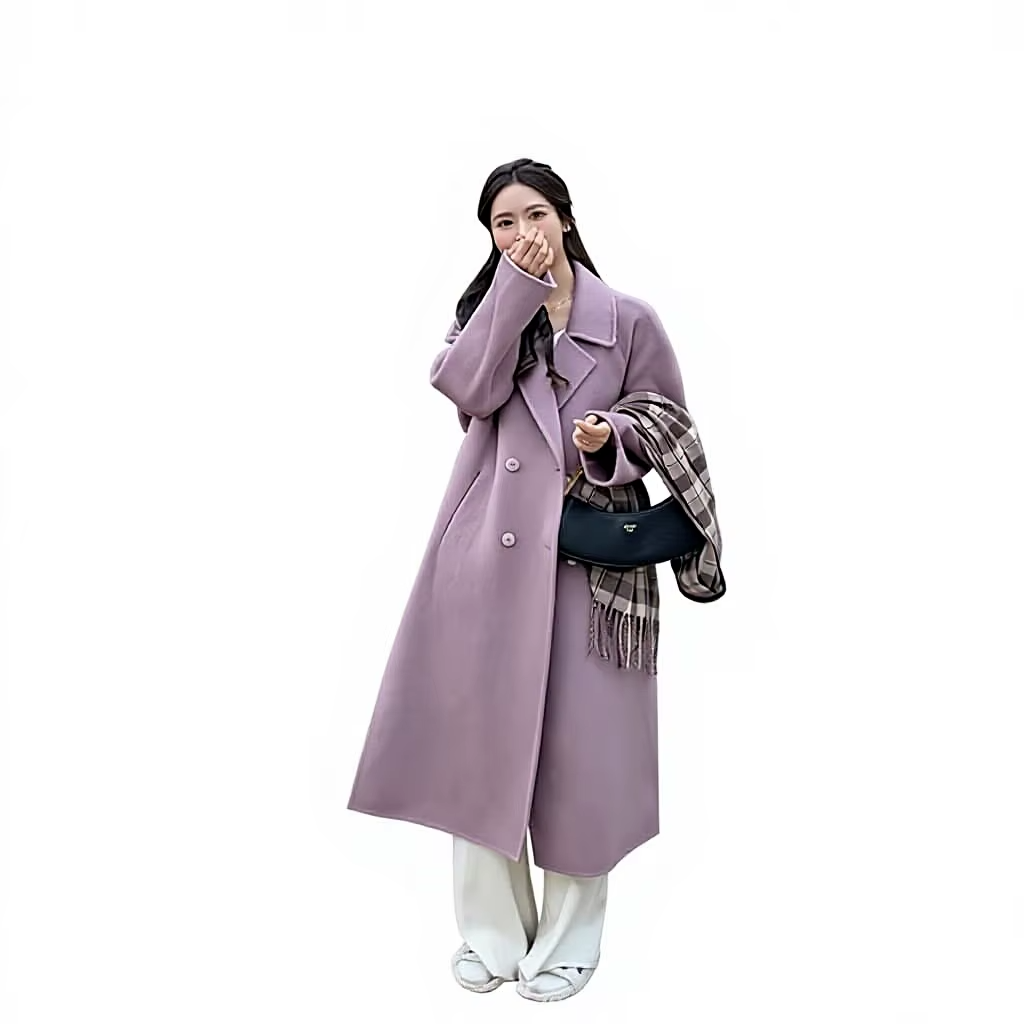Ladies' Autumn Winter Beige Double-sided Woolen Coat Knee Length Cocoon Soft Wool Coat