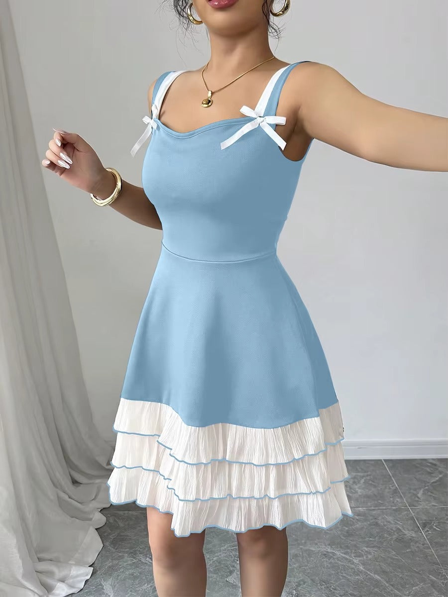 Women's Summer Color Block Multi-layer Cake Skirt U-neck Sleeveless Cami Dress
