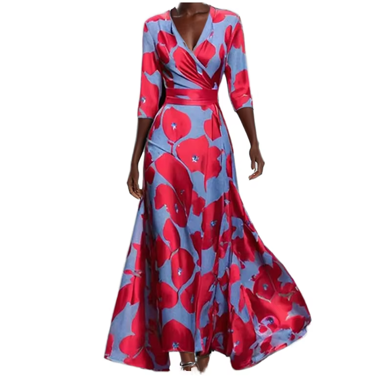 Women's Fashion Elegant V-neck Print Lace up Hem Dress