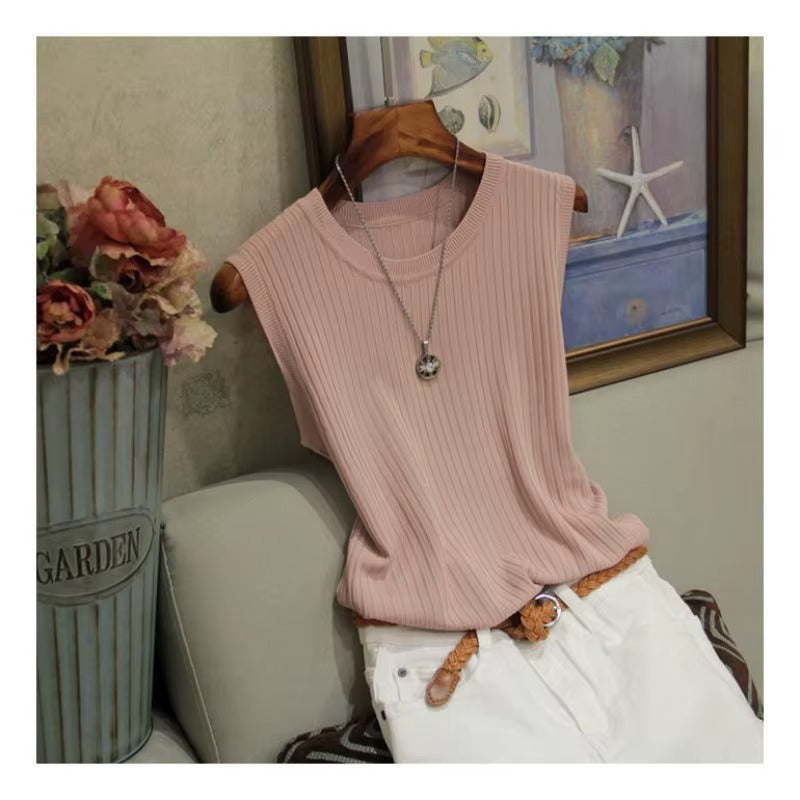 Women Summer Ice Silk Thin Knit Vest, Sleeveless Bottoming & Outerwear Tops