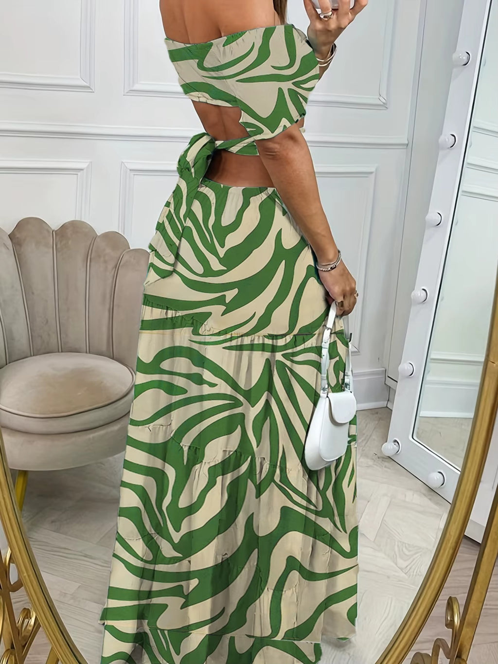 2025 Summer Women High Waist Slim Floral Short Sleeve Long Dress