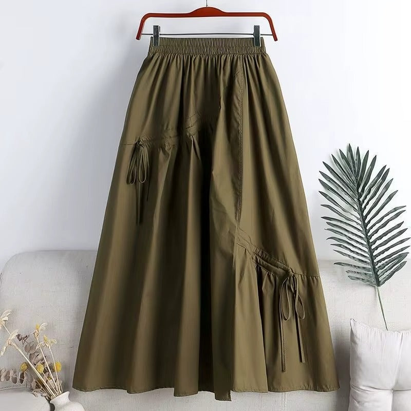 Ladies' Summer High Waist Slim A-line Skirt, Irregular Strap, Midi Length